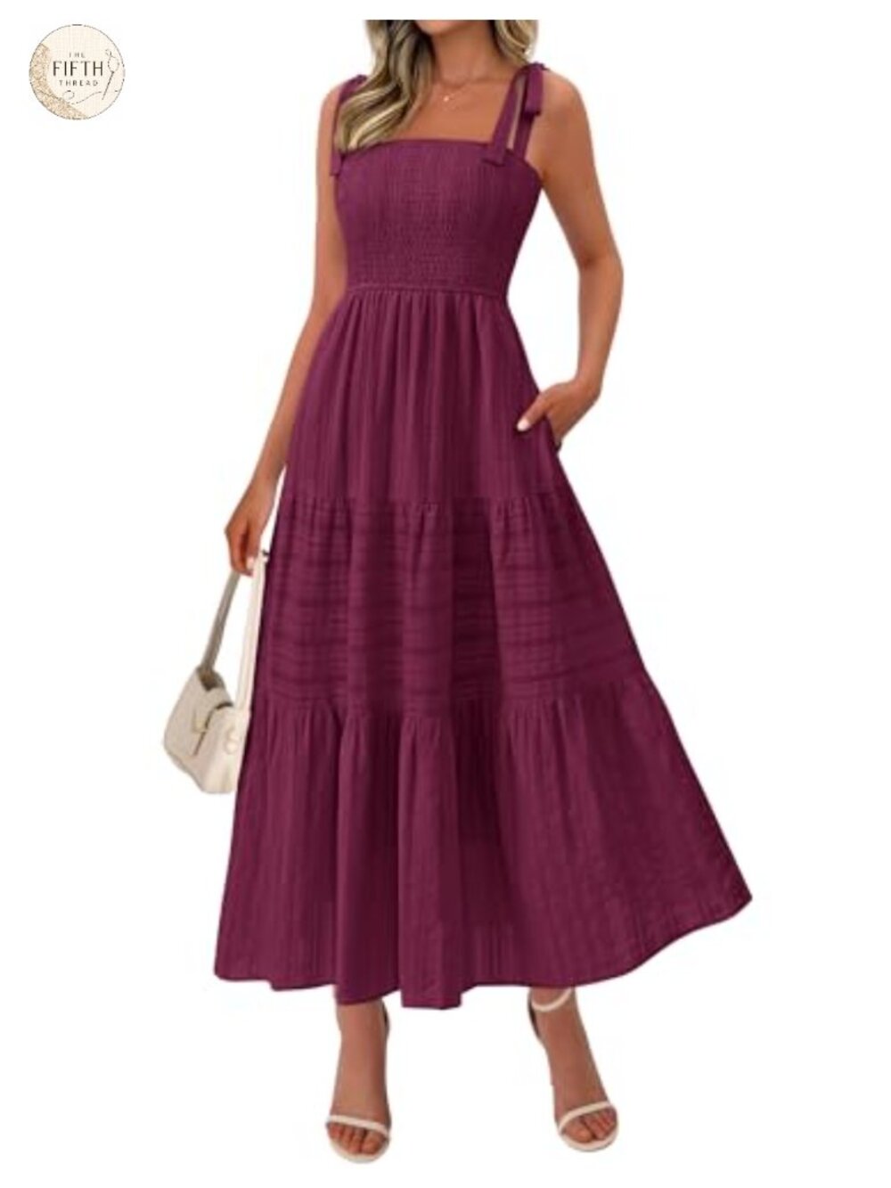 Boho Sleeveless Square Neck Smocked Tiered Maxi Dress with Pockets